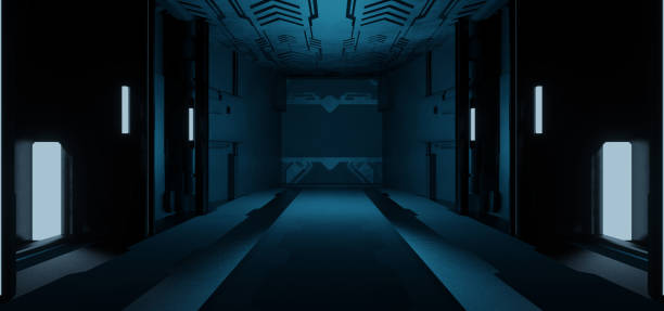 istock Space Futuristic Robotic Facility Laboratory Solid Concrete Metallic Navy Blue Colors Modern Background Concept Art Technology 3D Illustration 1385914550