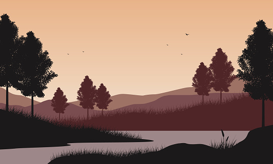 Beautiful mountain view from the lakeside at dusk with silhouettes of pine trees around. Vector illustration of a city