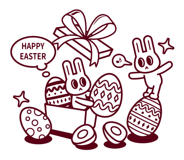 illustrazioni stock, clip art, cartoni animati e icone di tendenza di buon coniglietto pasquale che apre una grande confezione regalo e invia uova di pasqua - animal egg eggs food giving