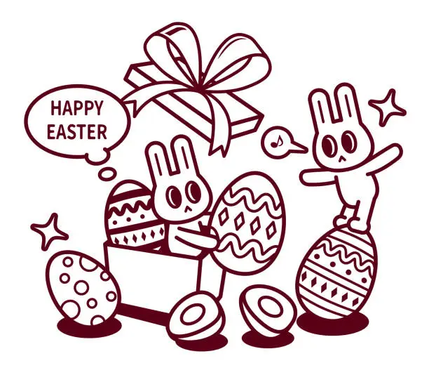 Vector illustration of Happy Easter bunny opening a big gift box and sending Easter Eggs