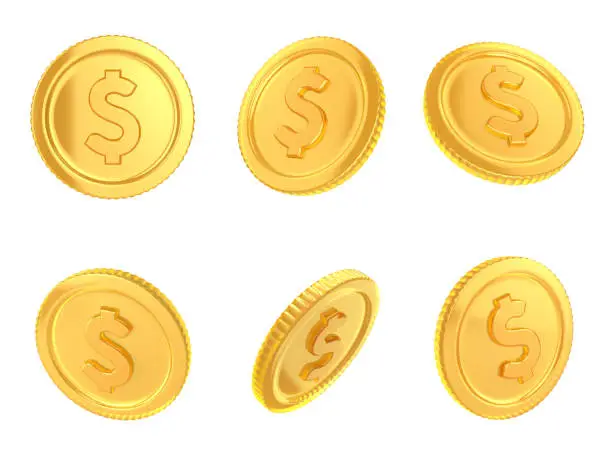Photo of Set of glass gold coins on a white isolated background. 3d render illustration