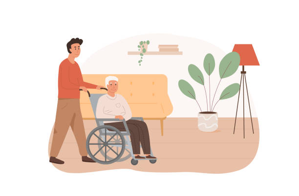 ilustrações de stock, clip art, desenhos animados e ícones de home care services for elderly people. old age man sitting on wheelchair and pushed by social worker. residential care facility. volunteer taking care of disabled elderly person. vector illustration. - senior adult wheelchair community family