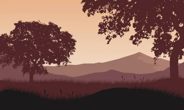 Vector illustration of View of the mountains with magnificent silhouettes of big trees from the edge of the forest at dusk