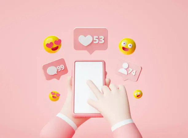Photo of Hands holding a blank Smartphone Chat love and followers bubbles and alert notification cartoon app website ui on pink background 3d rendering illustration