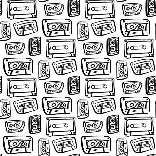 ilustraciones, imágenes clip art, dibujos animados e iconos de stock de patrón sin fisuras con diferentes cintas de audio de dibujo a mano de tinta negra sobre un fondo blanco. - retro revival music audio cassette old