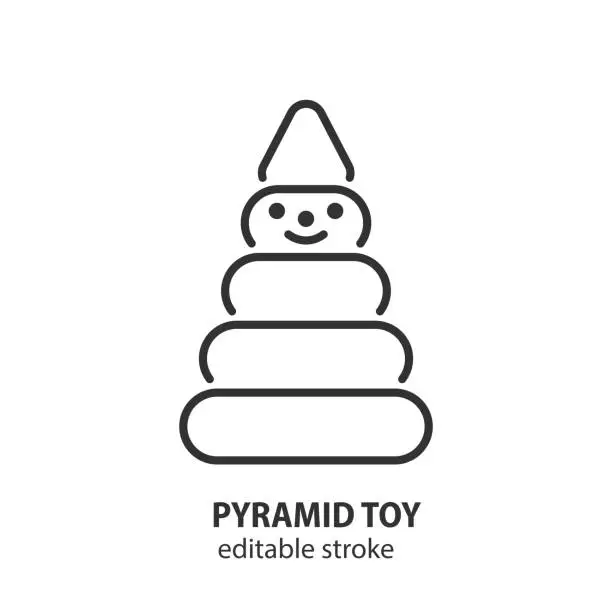 Vector illustration of Pyramid build from wooden rings with a smiling face line icon. Baby toy vector symbol.