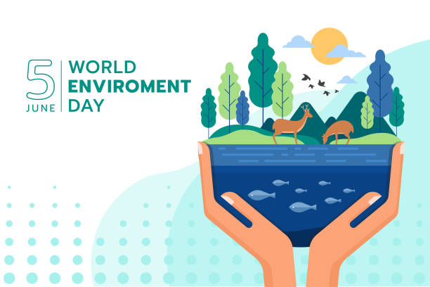 stockillustraties, clipart, cartoons en iconen met world environment day - hand hold care the environment on earth consists of water, tree, mountains and animals vector design - ecosysteem