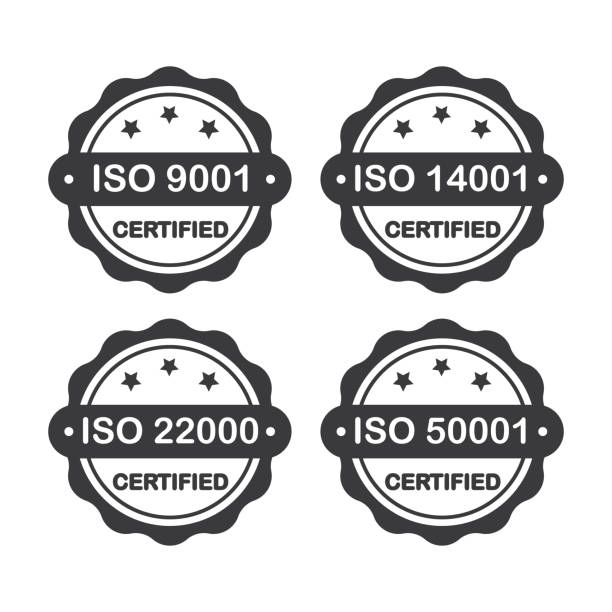 iso 9001、14001、22000、50001認定スタンプコレクション - 品質管理システム国際標準エンブレムセット。 - quality certification点のイラスト素材／クリップアート素材／マンガ素材／アイコン素材