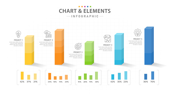 Infographic template for business project. 5 Steps 3D Bar Chart diagram with layered block levels, presentation vector infographic.