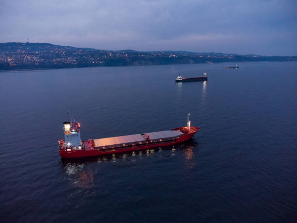 istock Large general cargo ship tanker bulk carrier, aerial view at night. 1385929630
