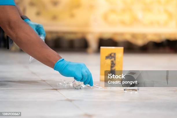 Forensic Scientists Blue Gloves At The Murder Scene To Collect Evidencesoft Focusshallow Focus Effect Stock Photo - Download Image Now