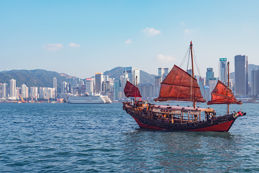 Hong Kong - December 09, 2016: Retro small ship in Hong Kong harbour at sunset time.