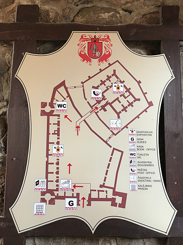 Trakai, Lithuania - September 14, 2019:  The information billboard shows a map to describe buildings of the Trakai Island Castle in Trakai, Lithuania.