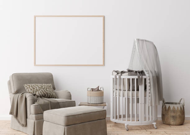 istock Empty horizontal picture frame on white wall in modern child room. Mock up interior in scandinavian style. Free, copy space for your picture. Baby bed, armchair. Cozy room for kids. 3D rendering. 1385933496