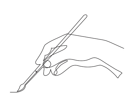 istock Hand holding painting brush, one line art, hand drawn continuous contour. Palm with fingers drawing art.Editable stroke. 1385933575