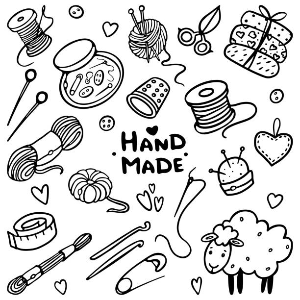 Sewing and Knitting Supplies Outline Doodle Vector Set. Tools for tailoring, needlework and clothing repair, wooden bobbins, needles kit, pins in decorative cushion. Sewing and Knitting Supplies Outline Doodle Vector Set. Tools for tailoring, needlework and clothing repair, wooden bobbins, needles kit, pins in decorative cushion. Crochet stock illustrations