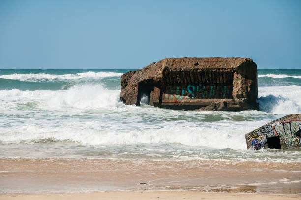 Capbreton, France - 13 March 2022: Graffitied bunkers from the Second World War in a beach of Capbreton, France
