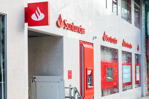 Santander, Spain - 17 February 2022: A Banco Santander office in a street of Santander, Spain.
