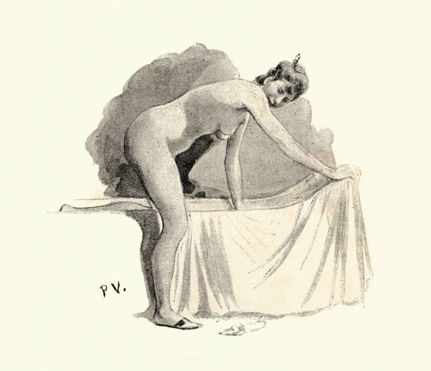 ilustrações, clipart, desenhos animados e ícones de mulher de desenho entrando em um banho, francês de 1890, vitoriano século xix - women century 19th victorian style