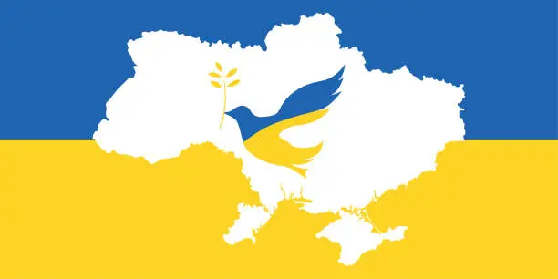 Vector illustration of Dove of Peace on Ukraine Map over Ukrainian Flag Colors