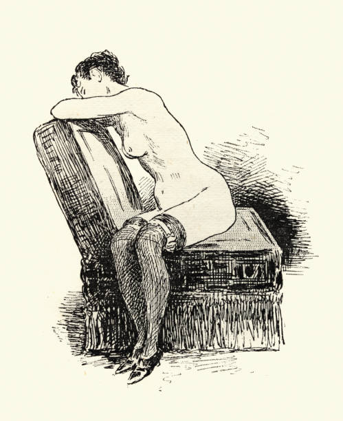 Female life study drawing, Woman wearing black stockings and garters, Victorian 19th Century Vintage illustration female life study drawing, Woman wearing black stockings and garters, Victorian 19th Century drawing of a women wearing garter belts stock illustrations