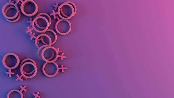Female gender symbol Female gender symbol on purple pink background with blank copy space to insert text, concept of feminism and women's empowerment, 3D illustration womens rights stock pictures, royalty-free photos & images