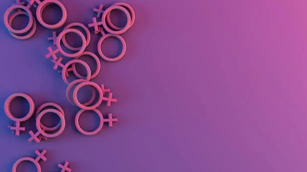 Female gender symbol on purple pink background with blank copy space to insert text, concept of feminism and women's empowerment, 3D illustration