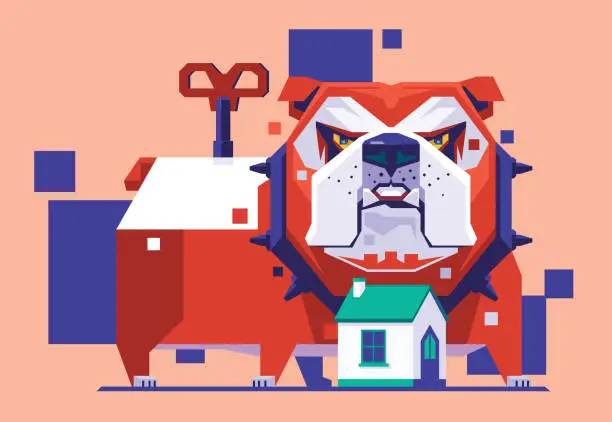 Vector illustration of robot bulldog guarding house
