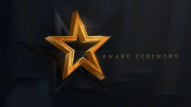 Vector illustration of 3d gold star with glitter light effect element and bokeh decoration and beam. Luxury award ceremony background.