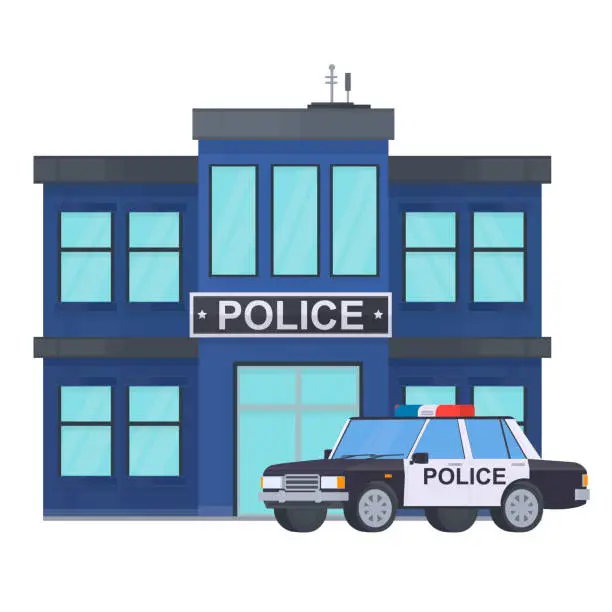 Vector illustration of Police station. Prison building with a police car