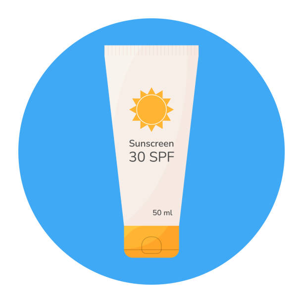 istock Sunscreen cream tube flat icon. SPF uv protection sunblock cosmetic product for sensitive skin. Mineral sunscreen white and orange package on round blue background sticker. Cartoon style vector icon. 1385944528
