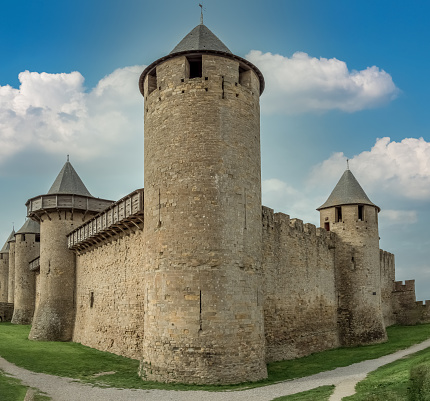 Ruins of the fortified medieval citadel of Carcassone, Aude, Occitanie, France. An imposing UNESCO World Heritage Site