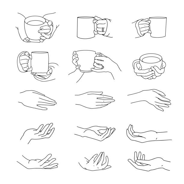 ilustraciones, imágenes clip art, dibujos animados e iconos de stock de mano y taza de café. ambientado en estilo lineal. vector. - manos ahuecadas