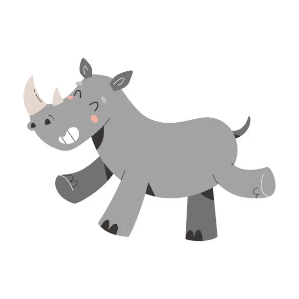 Vector illustration of Cute rhino, african safari animal, jumping and smiling wild mammal with horns, african cartoon vector illustration isolated on white