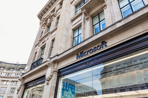 London, UK - 14 March, 2022: color image depicting the exterior of a Microsoft electronics store in central London.