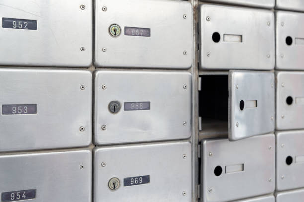 istock Opened Locker rows mailboxes without lock  in the Israel Post Office. Private metal mailbox. Selective focus 1385951100
