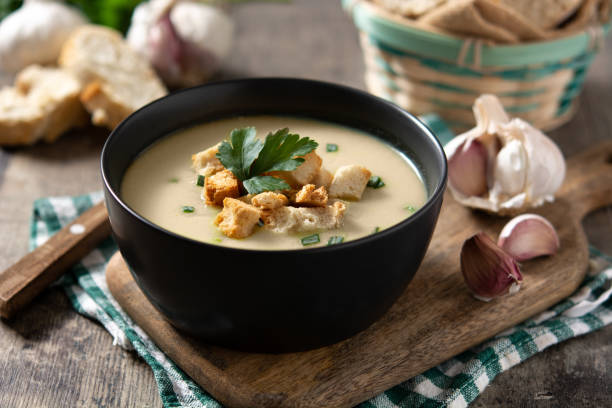 istock Garlic soup topped with croutons in bowl 1385952510