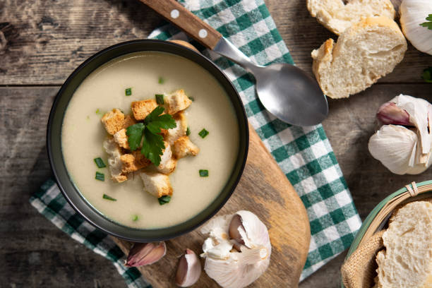 istock Garlic soup topped with croutons in bowl 1385952553