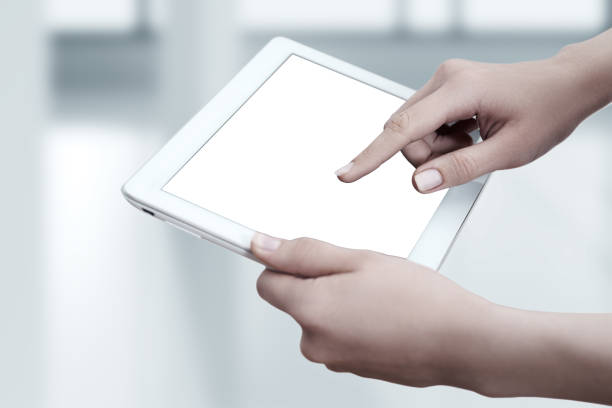 Woman holding digital tablet. Isolated screen. Business Internet Technology concept.