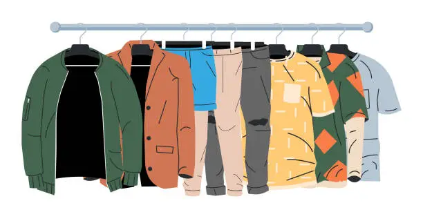 Vector illustration of Mens and Womans Clothes on Hanger.