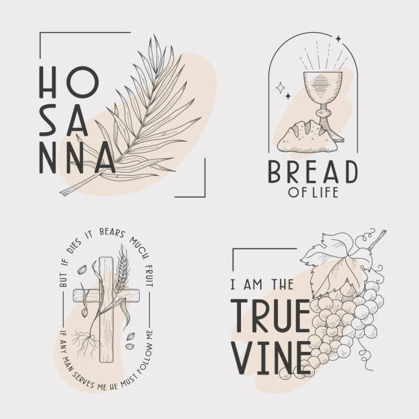 holy week easter set Christian easter and holly week line illusrtration set with Jesus Christ sayings. Can be used as inspiring christian interior prints or social media templates. communion stock illustrations