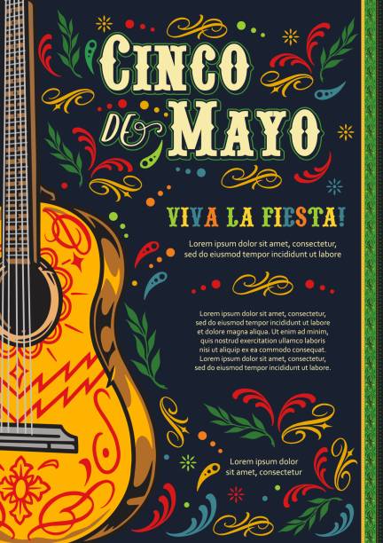 Mexican fiesta poster with guitar Cinco de Mayo vintage vertical poster with painted acoustic guitar on dark background with multi-colored swirl elements, place for text, vector illustration cinco de mayo stock illustrations