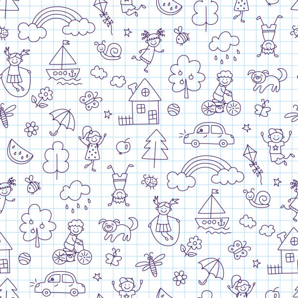 ilustrações de stock, clip art, desenhos animados e ícones de seamless pattern with doodle children, house, summer, sun. hand drawn funny little kids play, run and jump. cute children drawing. vector illustration in doodle style on squared notebook background - rainbow preschooler baby child