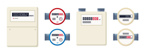 illustrazioni stock, clip art, cartoni animati e icone di tendenza di contatori di gas, acqua ed elettricità. set di contatori industriali e domestici. controllo dei consumi di carburante, acqua ed elettricità. contatore di gas. raccolta di illustrazioni vettoriali piatte isolate su sfondo bianco - meter electricity reading intelligence