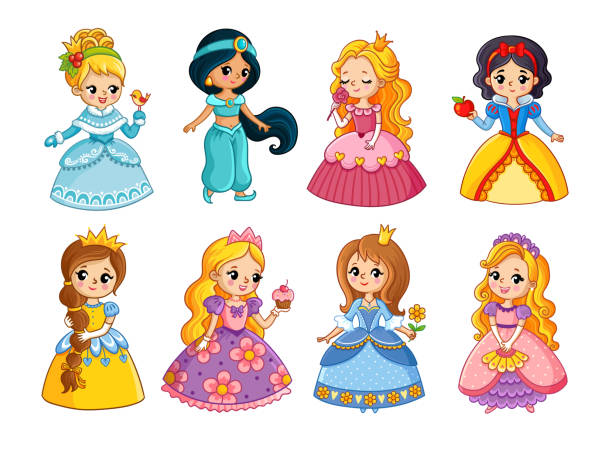 illustrazioni stock, clip art, cartoni animati e icone di tendenza di bellissimo set con principesse dei cartoni animati. illustrazione vettoriale con ragazze - principessa