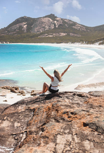 Female Tourist in Thistle Cove, Esperance. Cape Le Grand National Park. Esperance is a popular holiday destination in Western Australia. cape le grand national park stock pictures, royalty-free photos & images