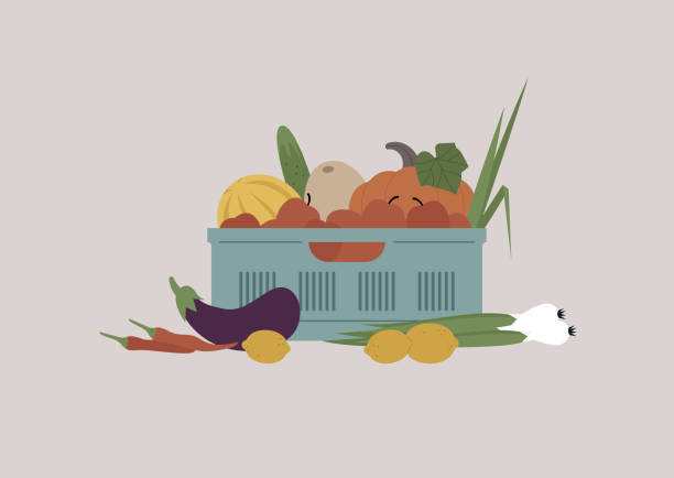 ilustrações de stock, clip art, desenhos animados e ícones de a crate of fruits and vegetables, harvesting season - greenhouse industry tomato agriculture