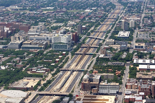 Interstate 290 (Eisenhower Expressway) in Chicago, Illinois. Rush University campus on the left.