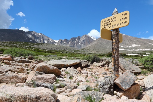 Rocky Mountain National Park landscape in Colorado, USA. Hiking trail to famous Longs Peak.