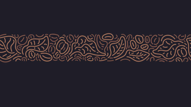 Coffee print Tropical bush, abstract beans, leaves Coffee pattern. Tropical bush, abstract beans, line leaves. Aroma robusta and arabica variety. Vector nature graphic strip. Decorative border texture cafe stock illustrations